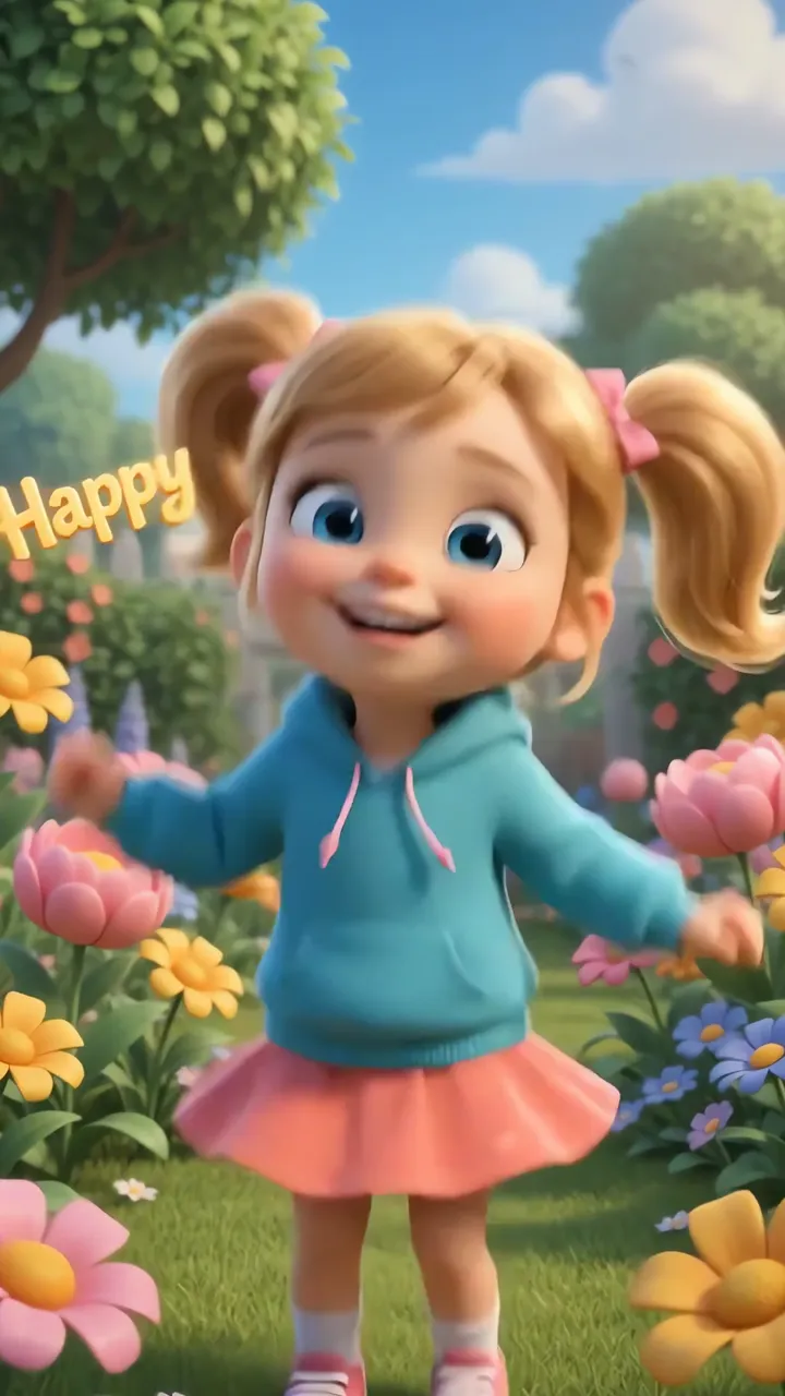 Happy Animated Girl Dancing In Colorful Garden