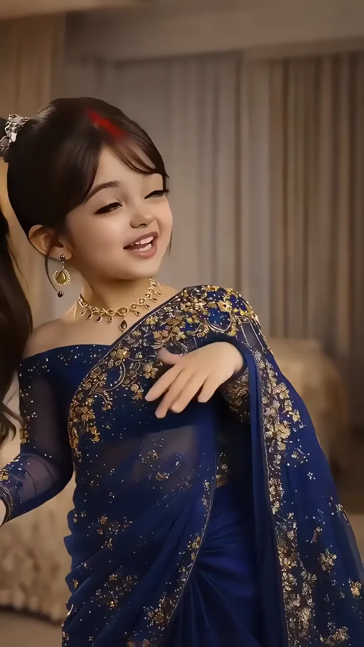 Little Girl Dancing In Blue Saree With Golden Embroidery