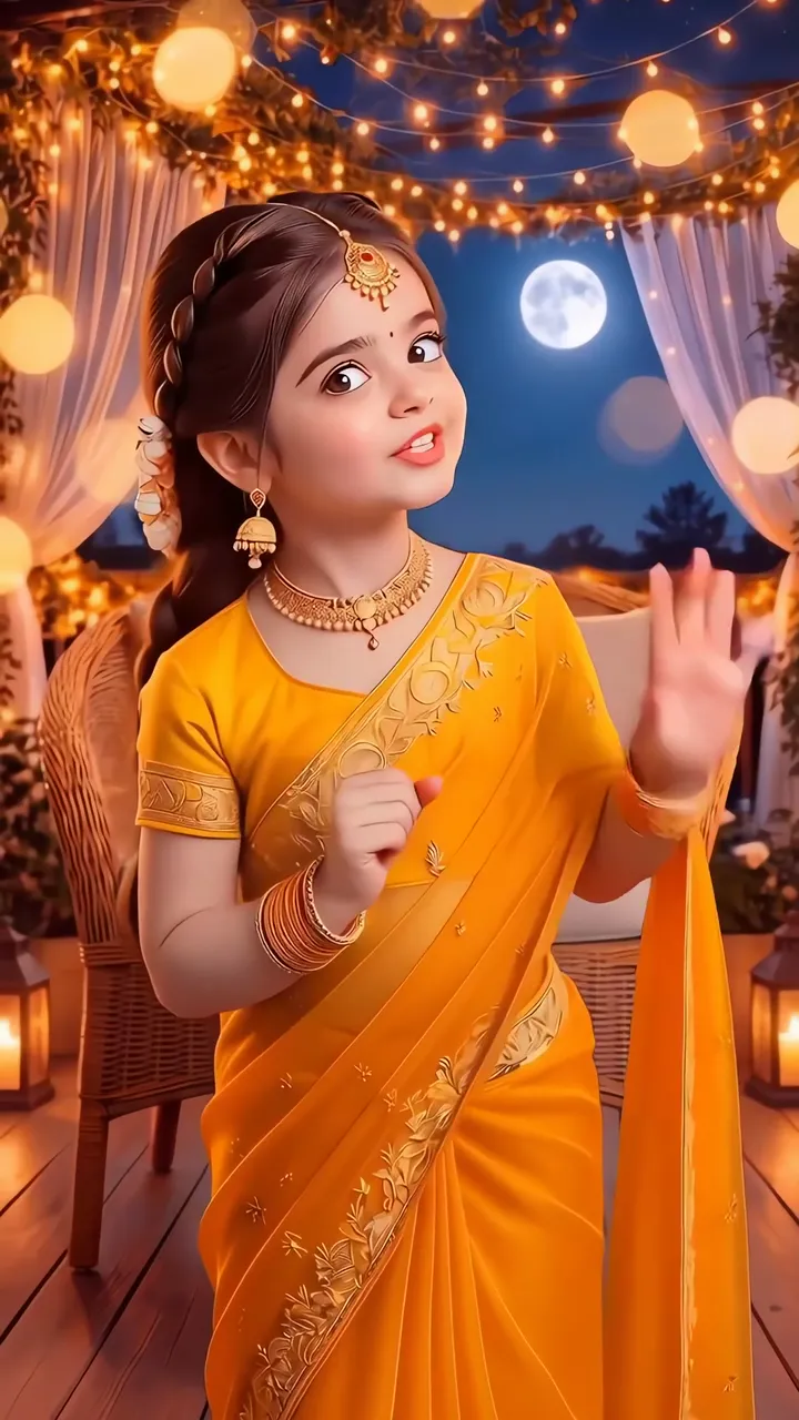 Adorable Little Girl In Yellow Saree With Moon And String Lights