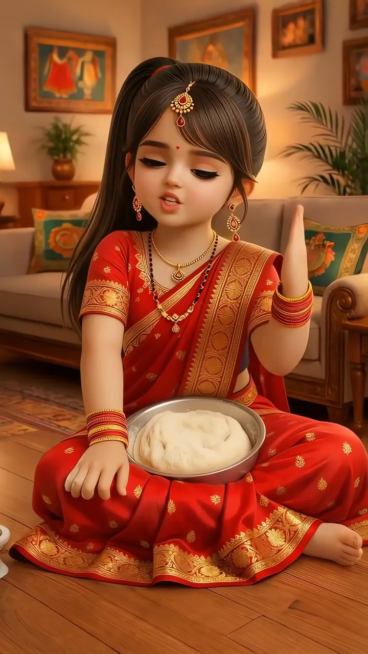 Little Girl In Red Sari Making Diwali Ladoo With Traditional Decor