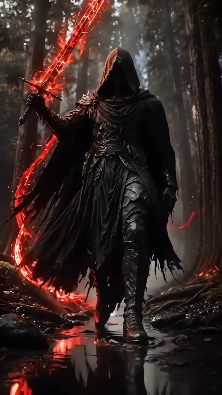 Dark Warrior With Red Energy Sword In Misty Forest