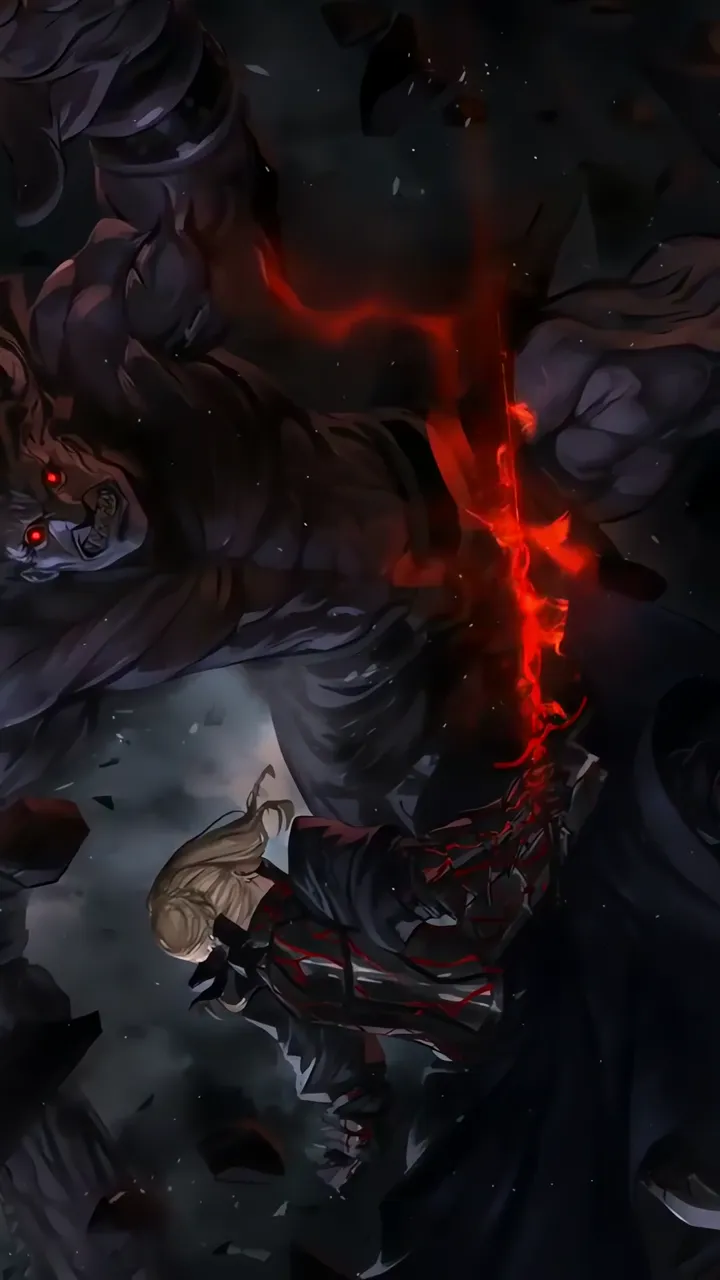 Saber With Red Curse Sword Fighting Giant Monster Fate Grand Order