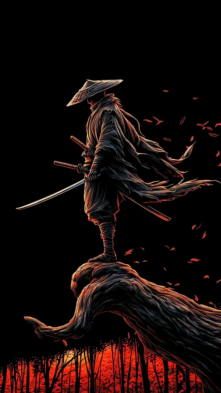 Epic Lone Samurai Warrior On Ancient Tree Root With Red Glow
