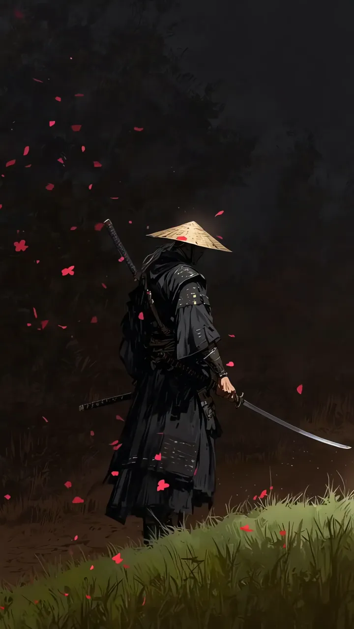 Samurai Warrior With Katana And Falling Cherry Blossoms
