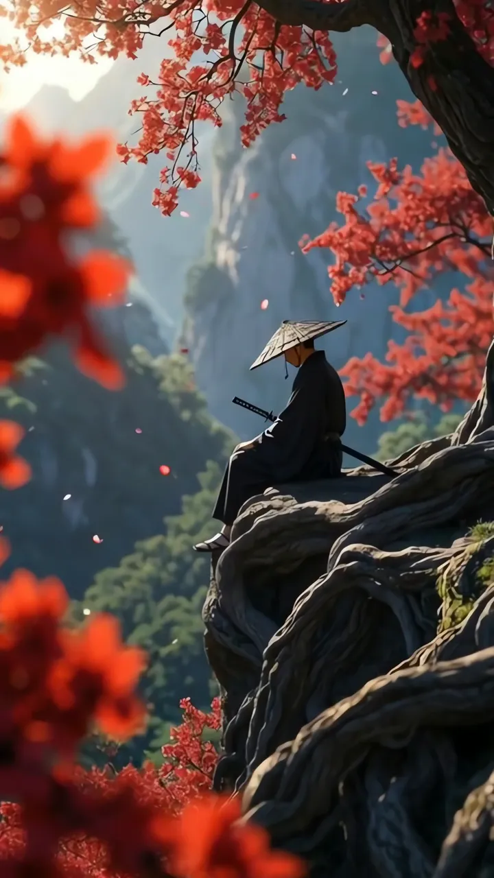 Samurai Warrior Meditating Under Red Maple Tree In Autumn