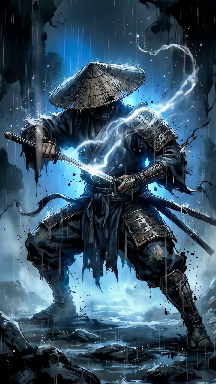 Stormblade Samurai With Electric Sword In Rainy Dark Fantasy