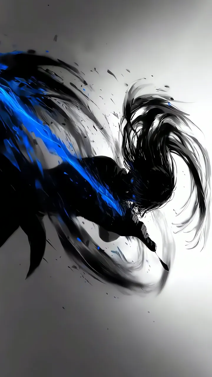 Anime Girl Ink Wash Warrior With Blue Energy Slash