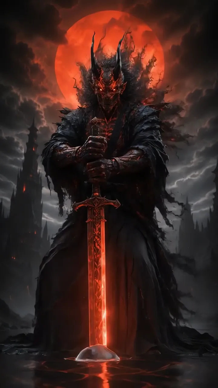 Dark Oni Warrior With Red Sword And Blood Moon