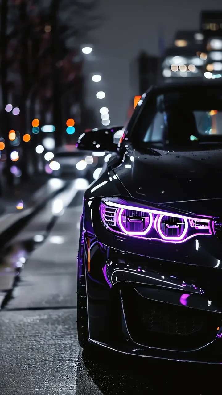 Black BMW With Purple Neon Headlights Night City Scene