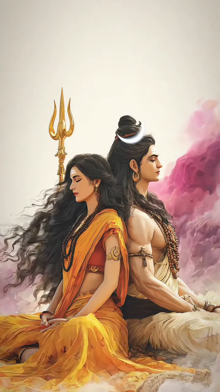 Shiva And Parvati Meditative Back-to-Back With Trishul And Moon