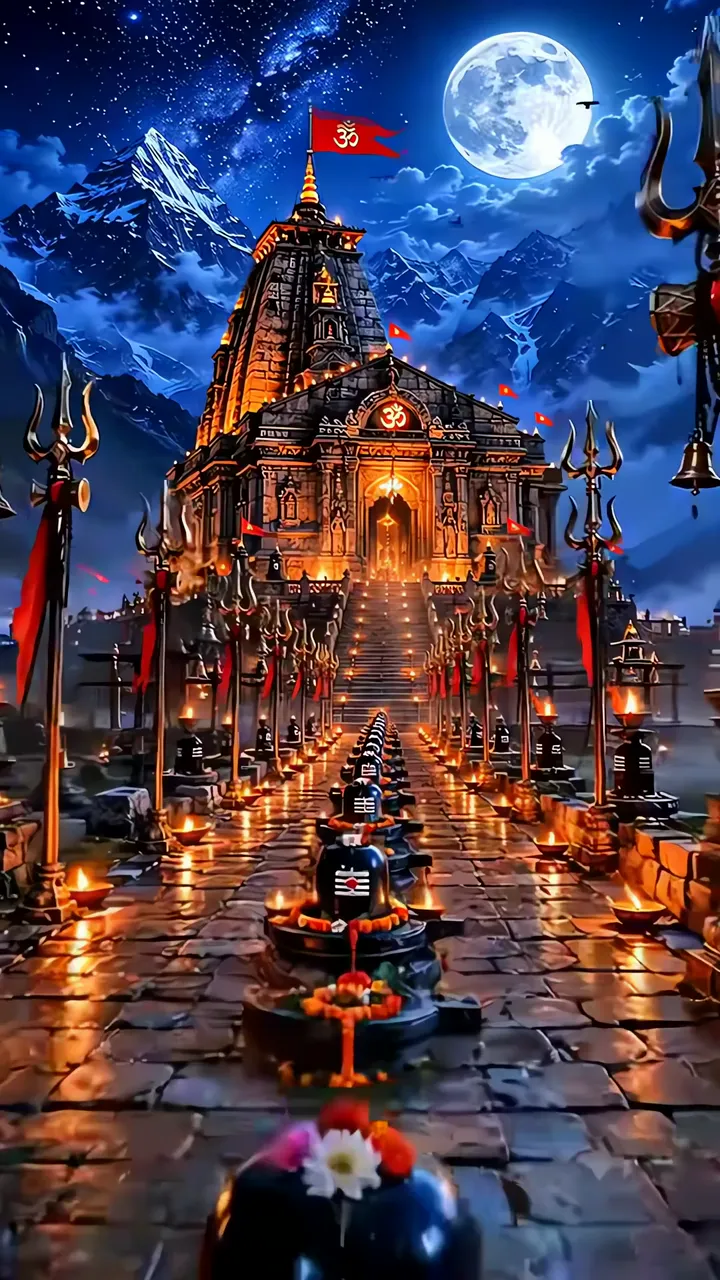 Shiva Temple Night Scene With Trishul And Full Moon