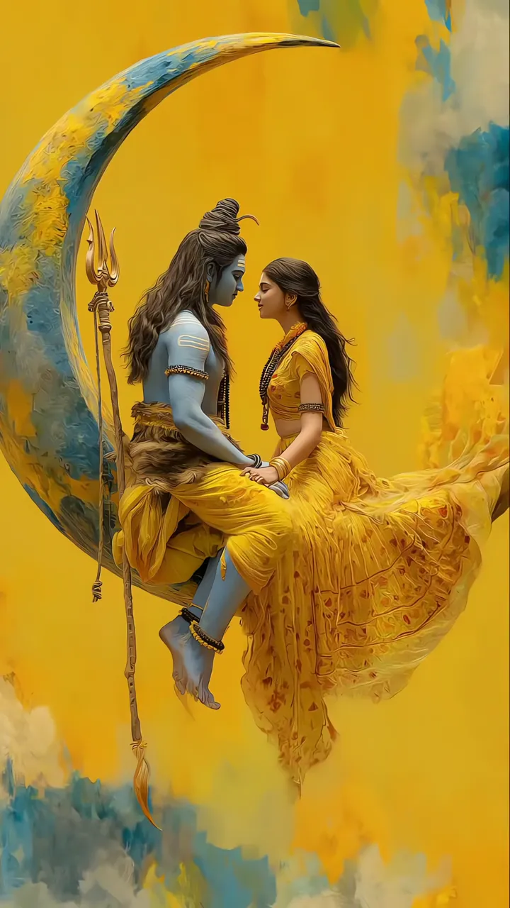 Shiva And Parvati Romantic Moonlight Scene