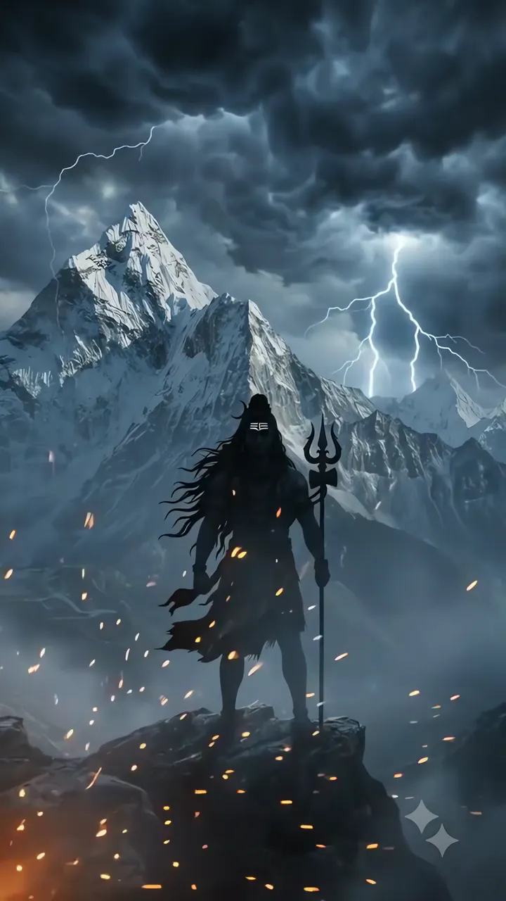 Shiva Silhouette With Trishul On Snowy Mountain Peak