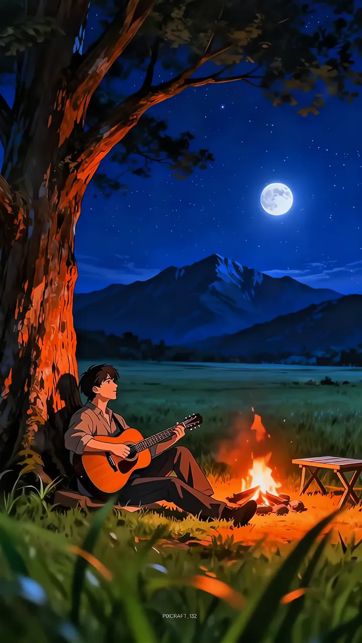Anime Boy Playing Guitar Under Moonlight Near Campfire