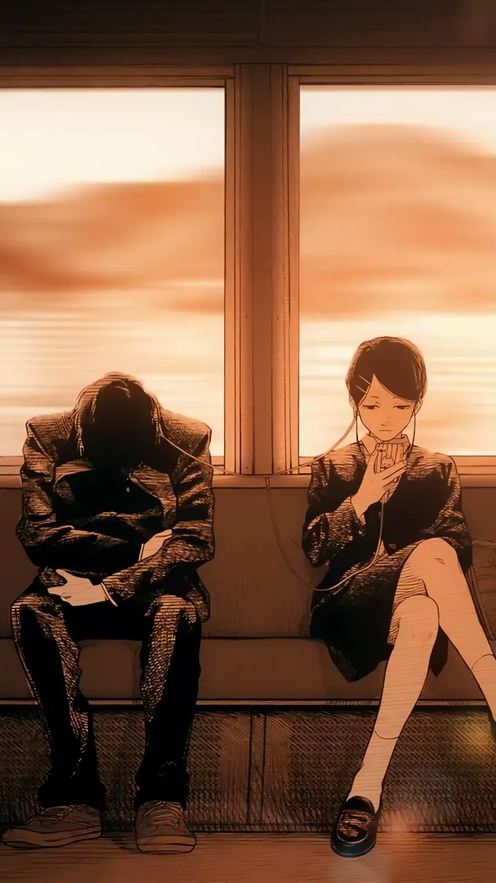 Silent Ride Anime Couple Sharing Music On Train