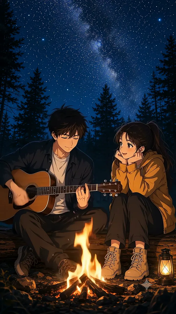 Anime Couple Romantic Campfire Under Milky Way Starlit Night