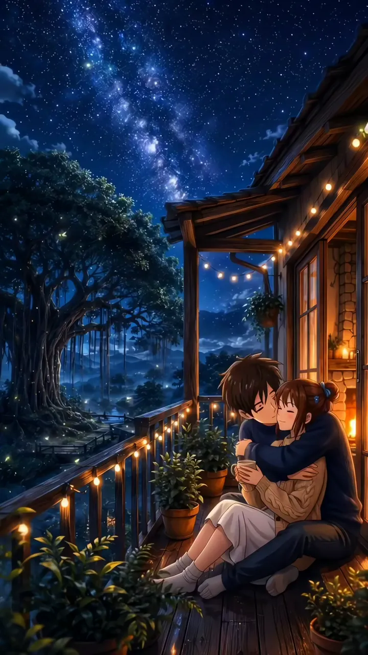 Romantic Anime Couple Hugging Under Starry Night Sky Ghibli Aesthetic