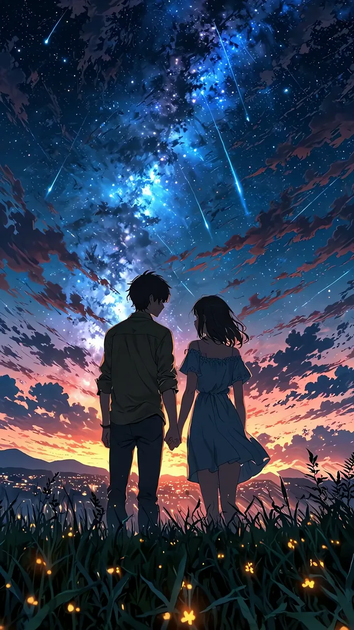 Couple Holding Hands Under Starry Night Sky With Shooting Stars