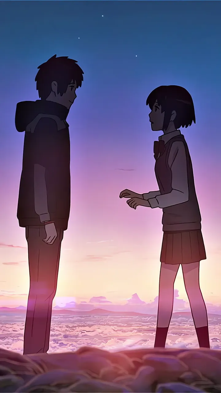 Anime Boy And Girl Facing Each Other At Sunset Beach