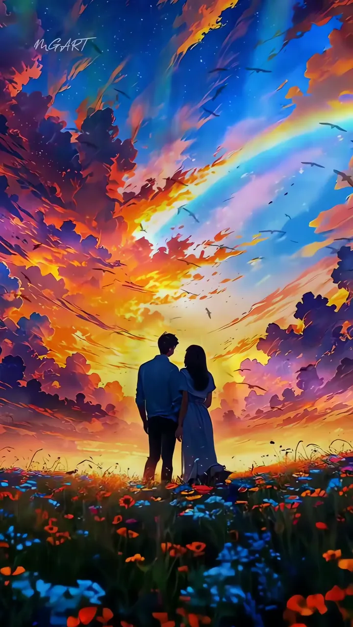 Couple Standing In Flower Field Under Rainbow Sky