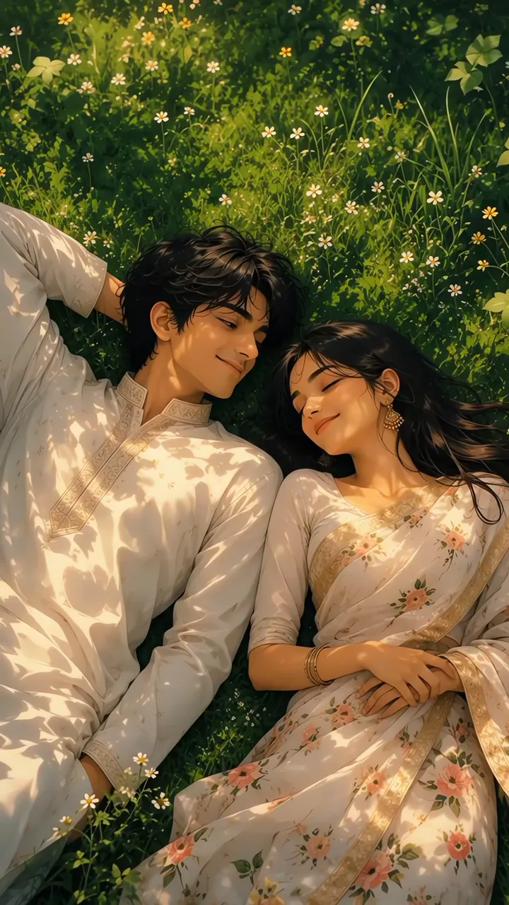 Couple In Traditional Attire Lying In Flower Field