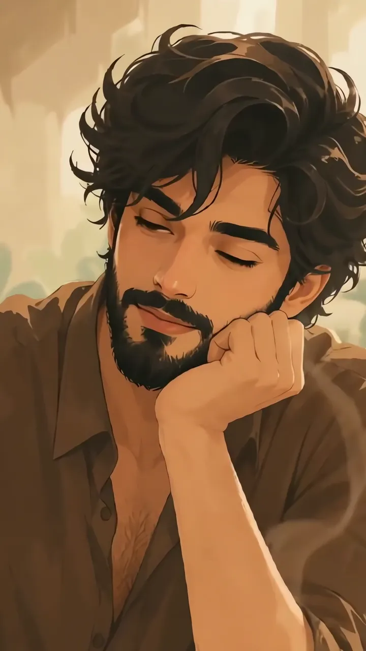 Charming Anime Man With Curly Hair And Beard In Warm Light