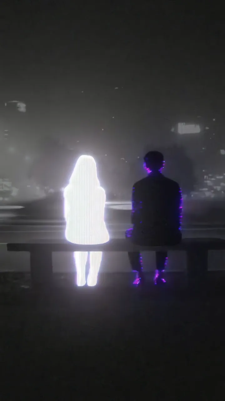Glowing Couple Seated On Bench At Night With Neon Aura