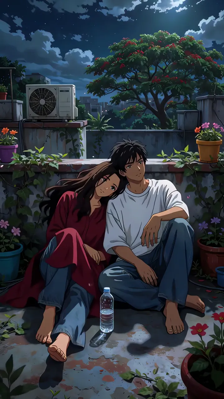 Romantic Anime Couple On Rooftop Under Starry Night Ghibli Style
