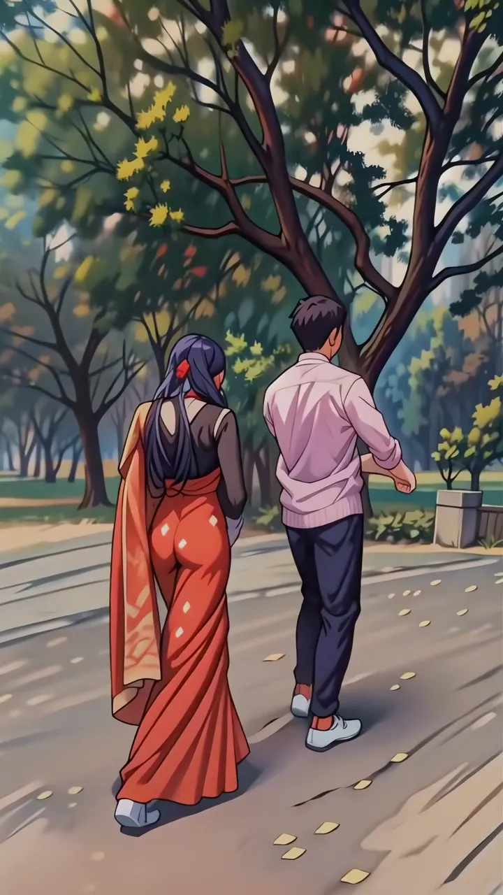 Couple Walking Under Autumn Tree In Park