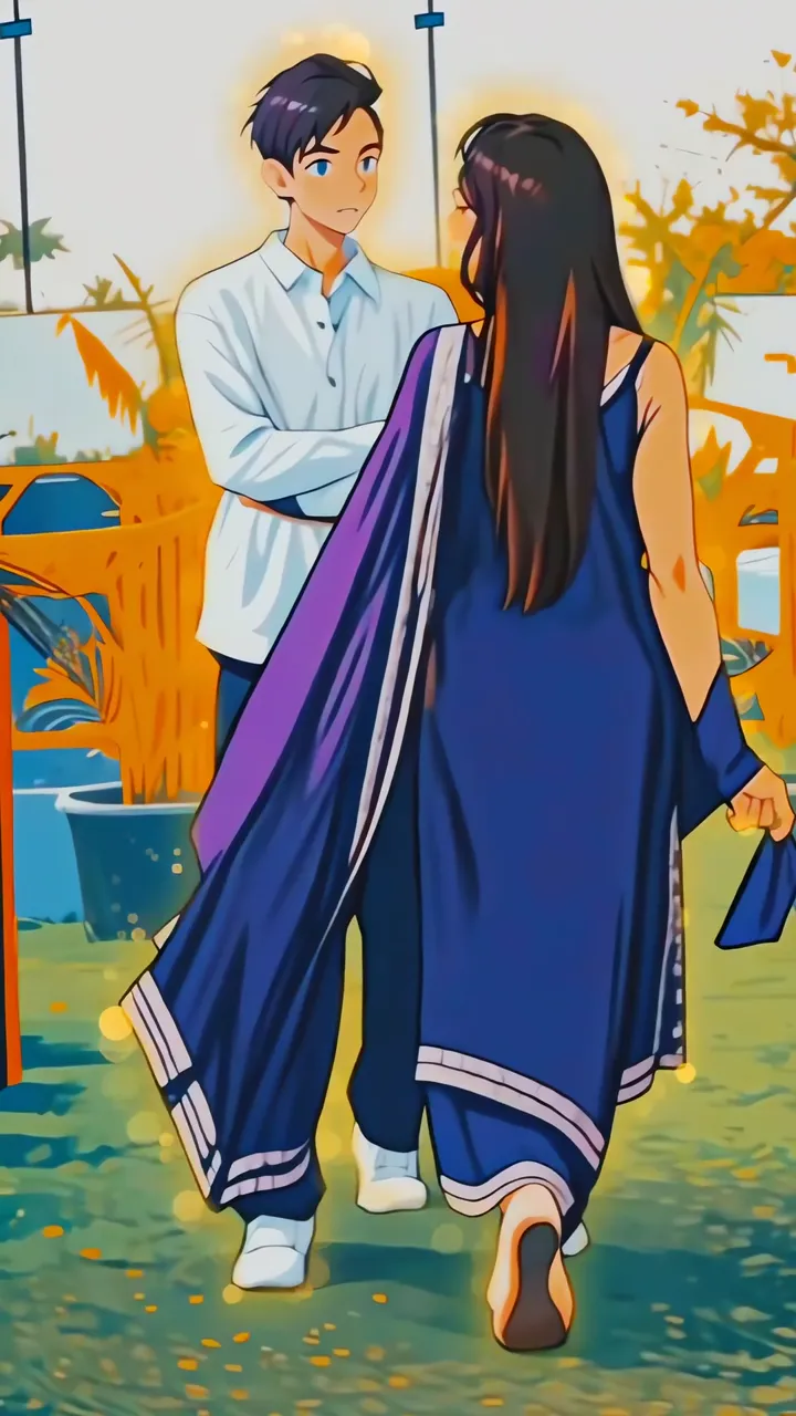 Anime Couple Walking Hand In Hand Romantic Sunset Scene