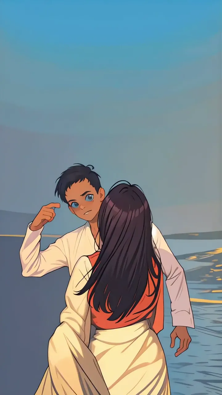 Anime Boy Pointing At Girl By Water Sunset Scene