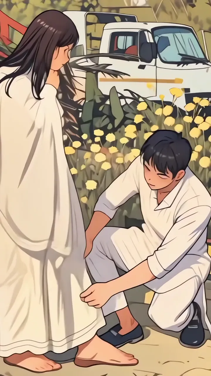 Jesus Washing Feet Of Disciple In Yellow Flower Field
