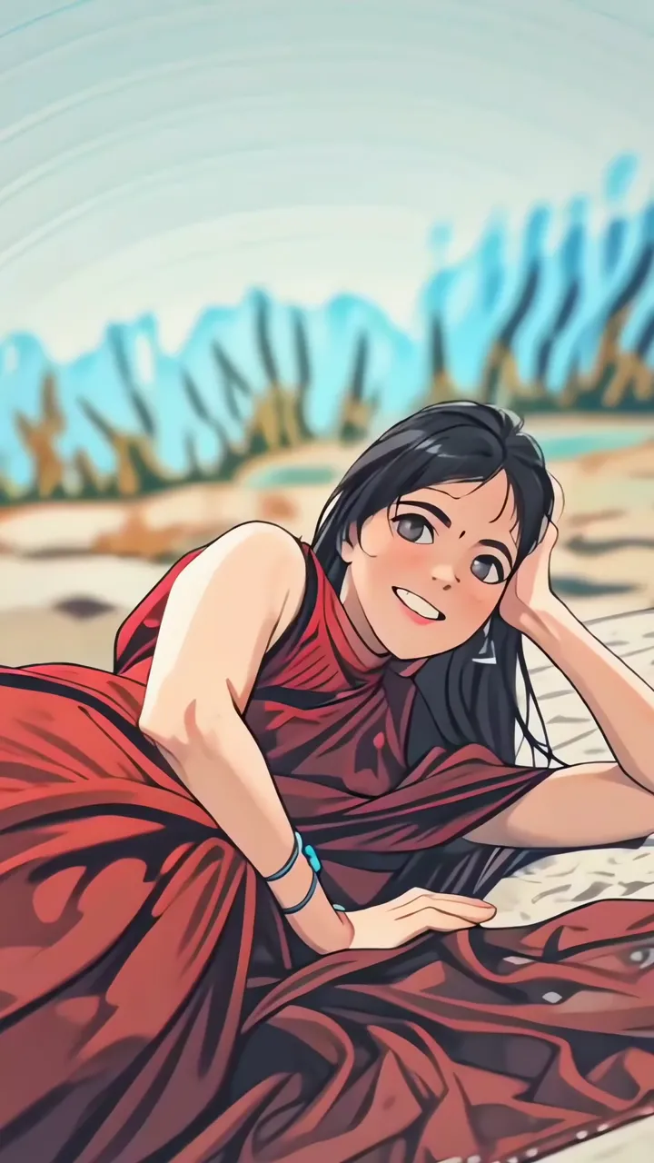 Anime Girl In Red Dress Relaxing On Sandy Beach