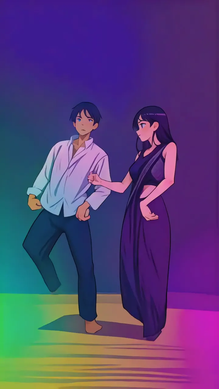 Anime Couple Dancing Under Rainbow Lights