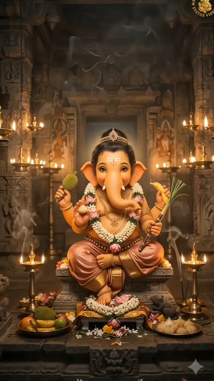 Ganesha With Banana And Modak In Temple Scene
