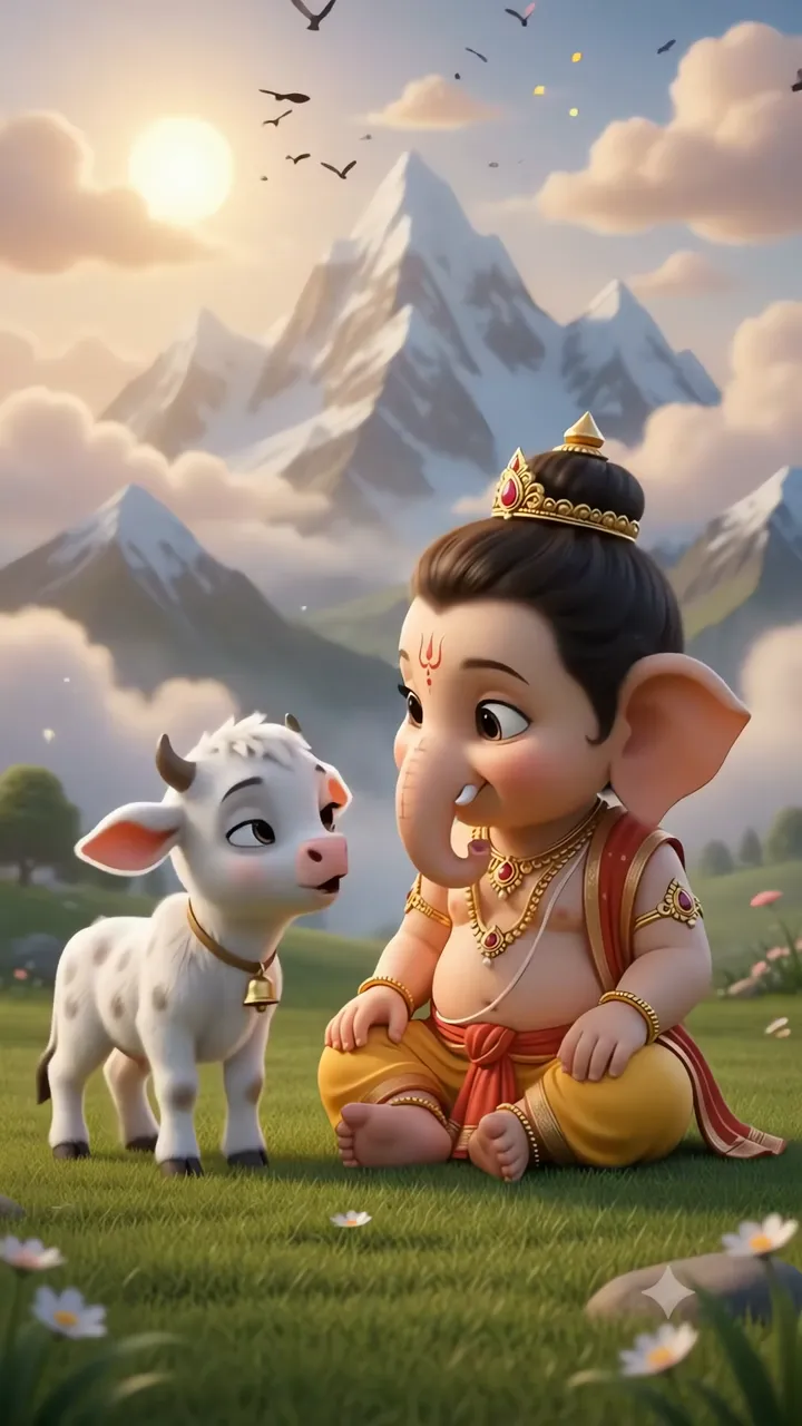 Cute Baby Ganesha With Cow In Mountain Meadow