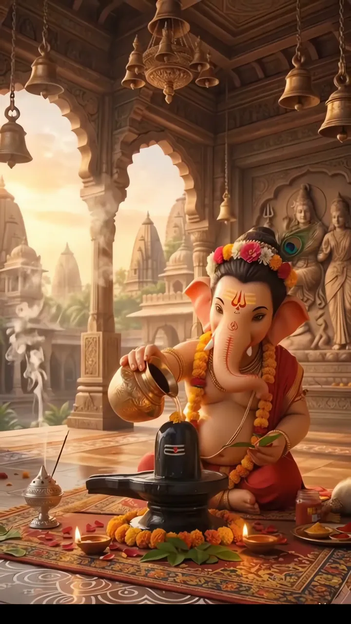 Ganpati Ji Pouring Water On Shiva Lingam In Temple
