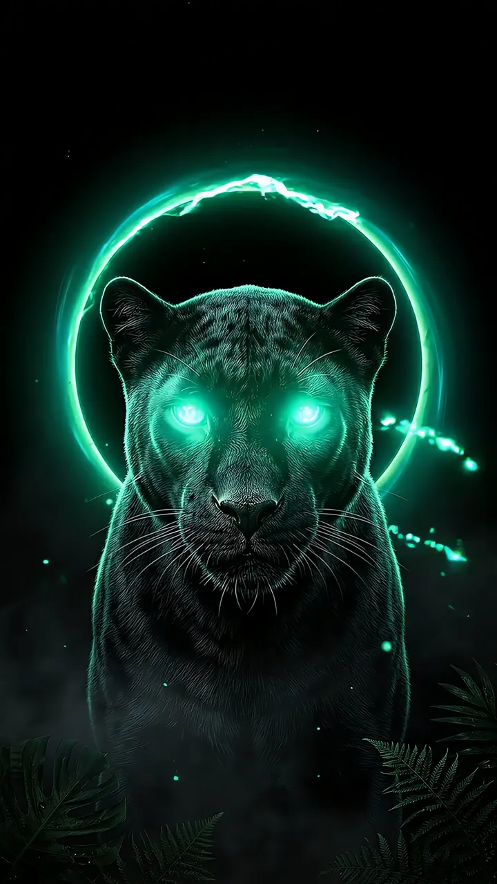 Glowing Black Panther With Neon Green Aura And Jungle Scene