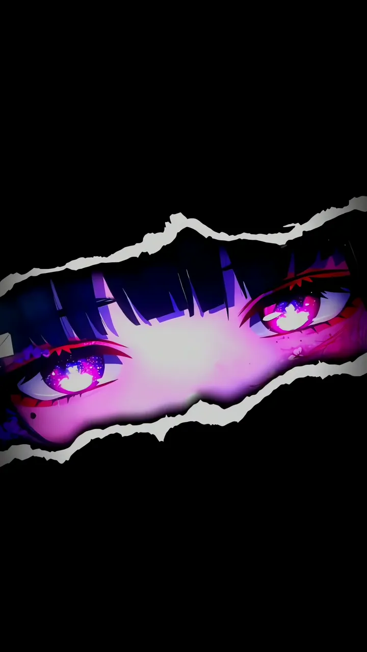 Anime Girl With Cosmic Sakura Eyes Peeking Through Torn Paper