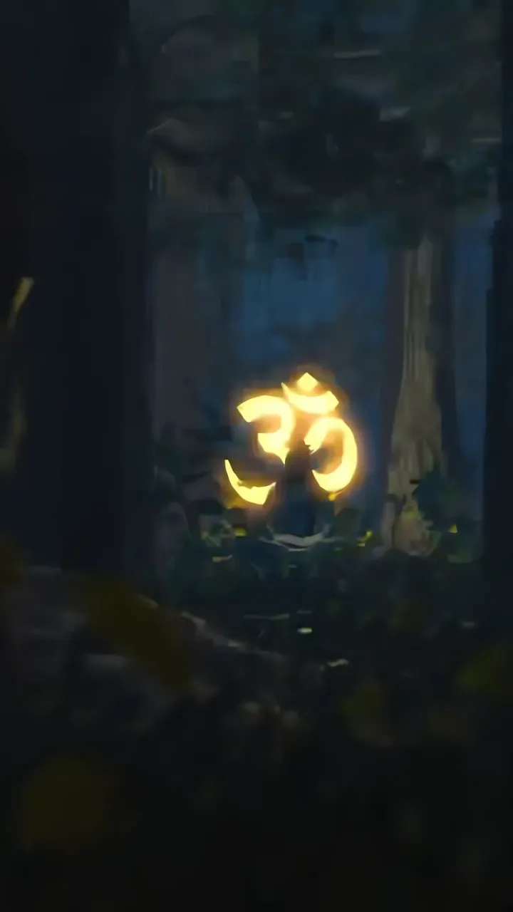 Glowing Om Symbol In Mystical Forest Night Scene