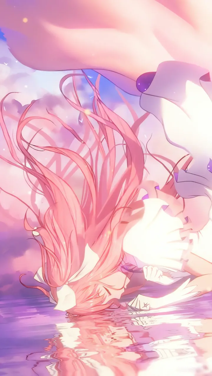 Kaname Madoka Falling Into Water With Pink Hair And Purple Aura