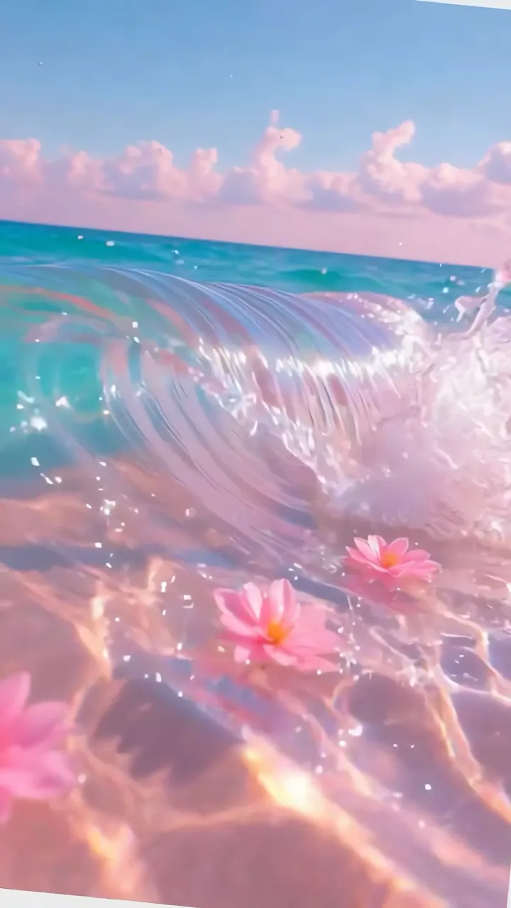 Pink Lotus Flowers Floating On Turquoise Ocean Wave