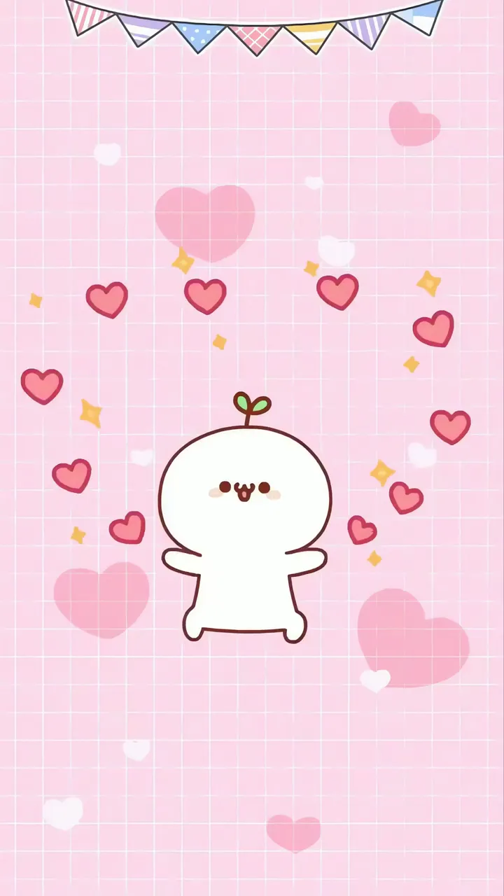 Cute White Kawaii Character With Heart Confetti Pink Grid