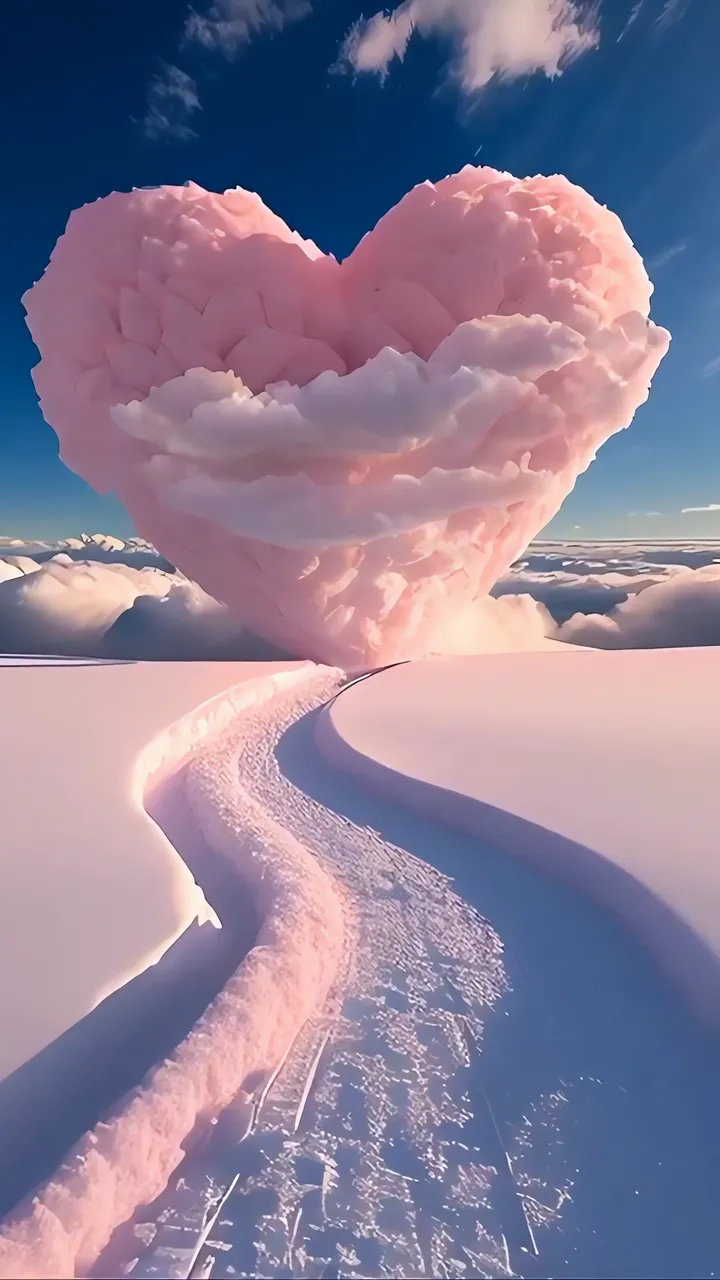 Giant Pink Heart Cloud Floating Above Snowy Mountain Valley