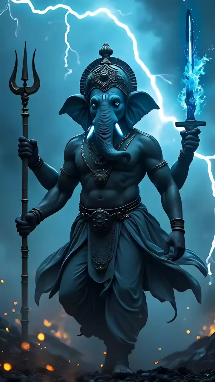 Ganesha With Trishul And Blue Lightning Aura