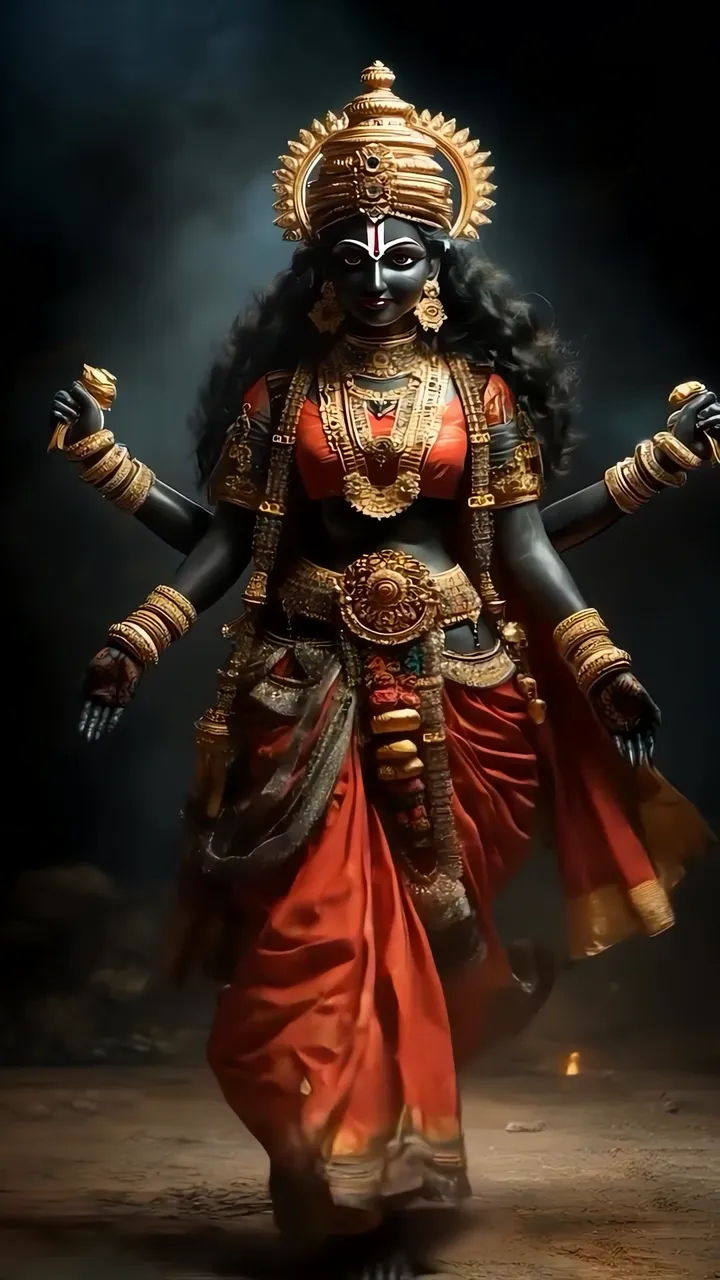 Kali Devi Dark Divine Goddess With Red Sari And Golden Jewelry