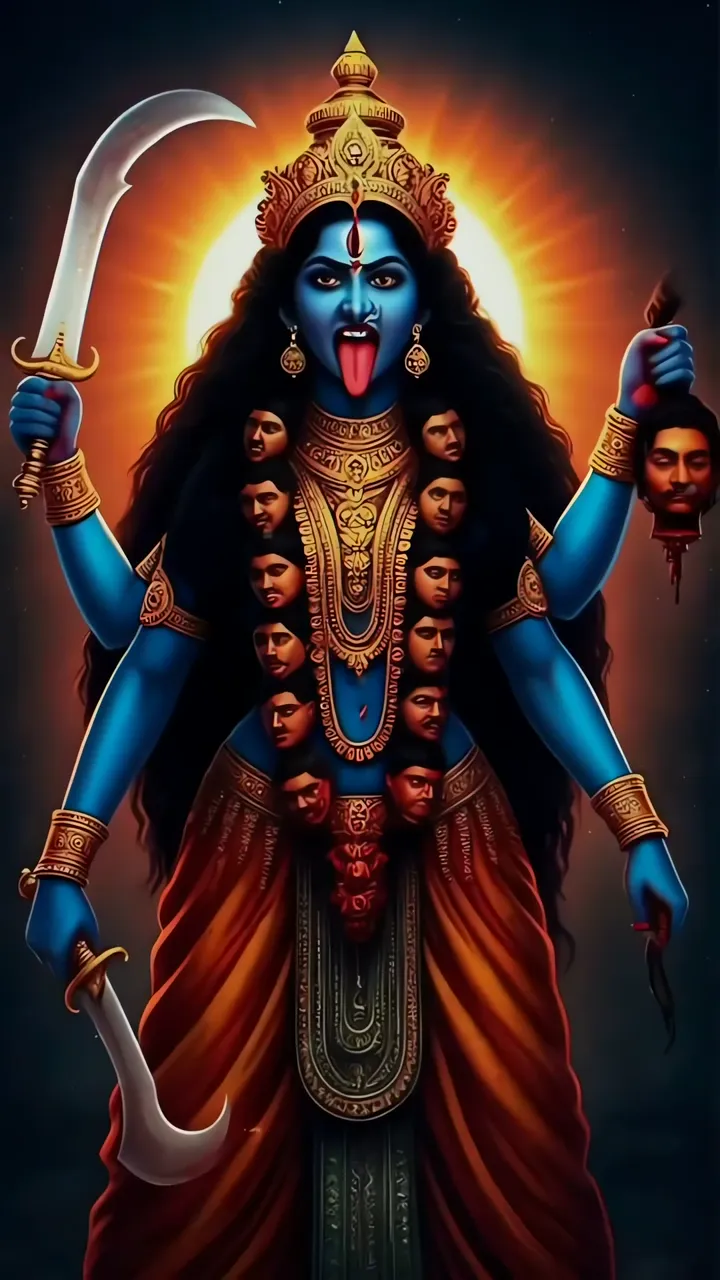 Blue Durga Devi With Multiple Heads And Sword