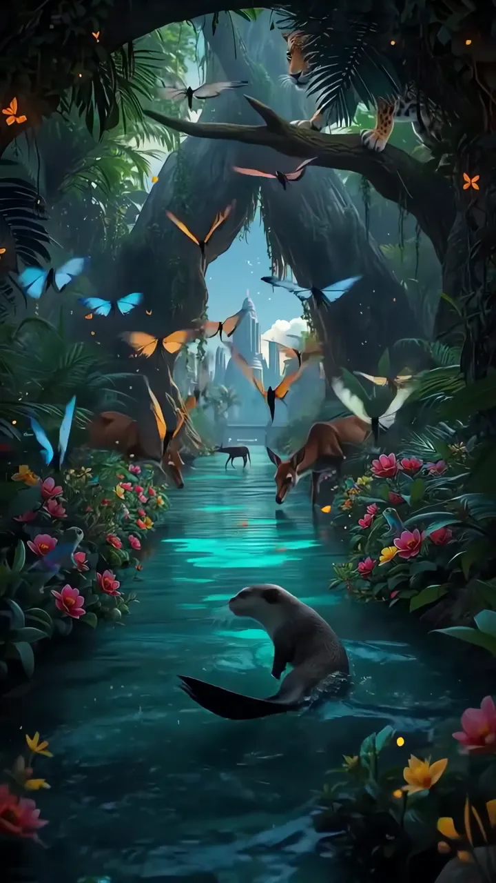 Bengal Tiger And Otter In Magical Jungle With Butterflies