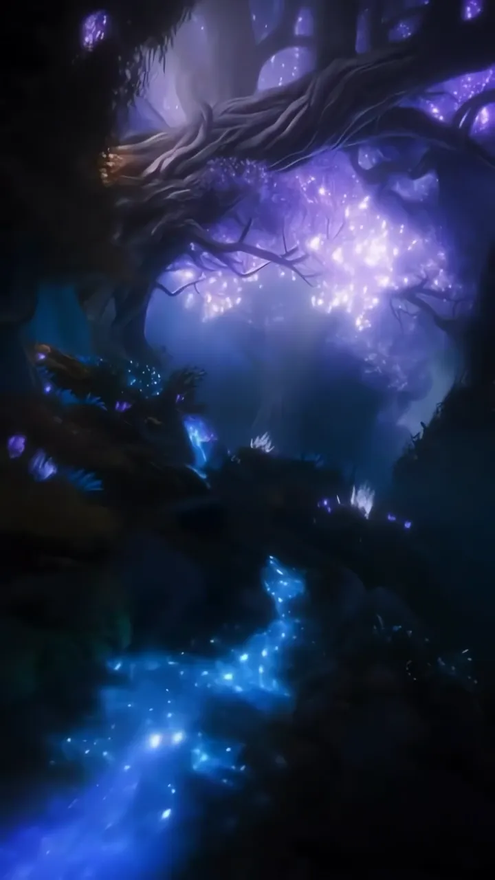 Mystical Glowing Forest With Purple Tree And Blue Stream