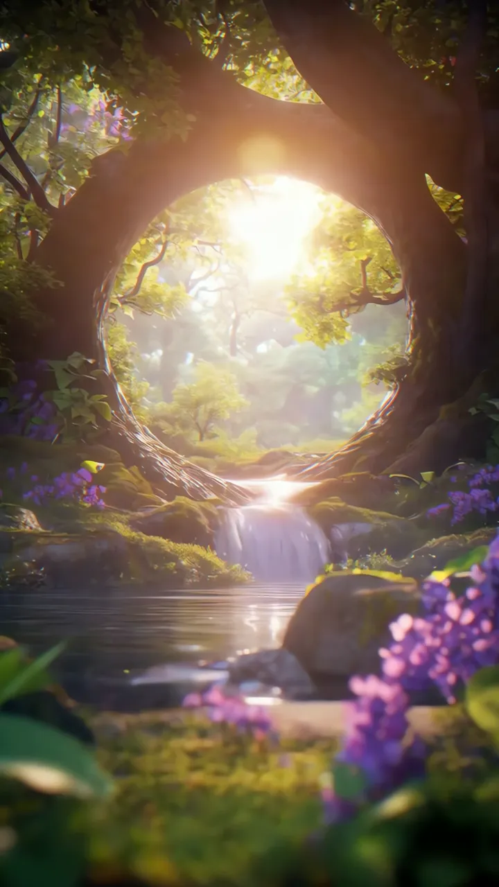 Sunlight Through Tree Arch Over Forest Stream With Purple Flowers